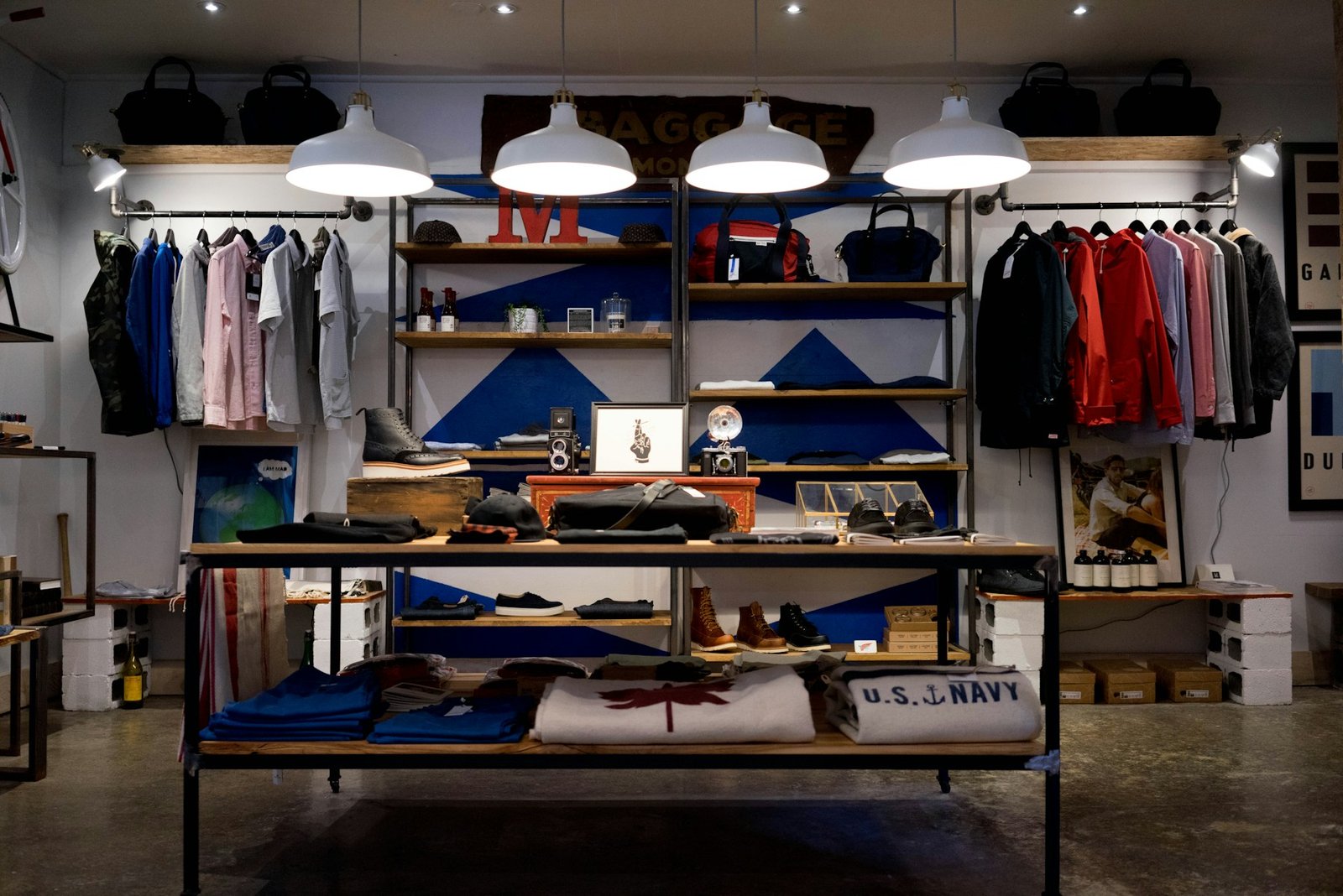 Clothing and everyday accessories arranged in a bright retail space